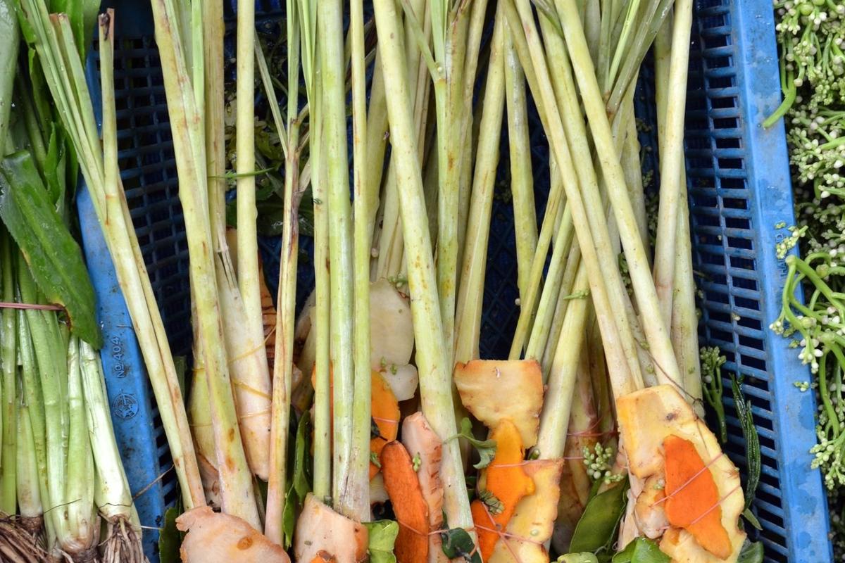 Citronová tráva a čerstvé oddenky na tržišti v jihovýchodní Asii